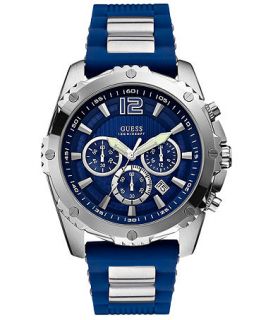 GUESS Watch, Mens Chronograph Steel and Blue Silicone Strap 47mm U0167G3   Watches   Jewelry & Watches