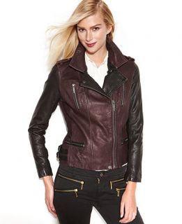 MICHAEL Micheal Kors Petite Jacket, Asymmetrical Colorblock Leather   Coats   Women