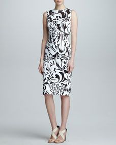 Carolina Herrera Floral Twill Sheath Dress, Black/White