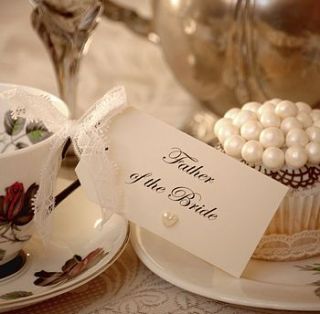 ten lace and pearl place setting tags by vintage twee