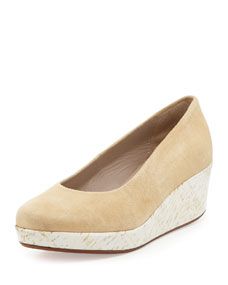 Jacques Levine Sari Painted Cork Suede Wedge, Camel/White