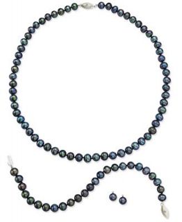 Sterling Silver Jewelry Set, Black Cultured Freshwater Pearl and Diamond Accent Earrings, Necklace and Bracelet   Jewelry & Watches