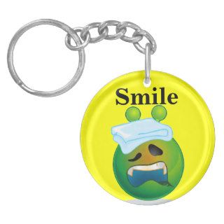 Happy Face Smiley Green Alien Sick Keychain Round Acrylic Key Chains