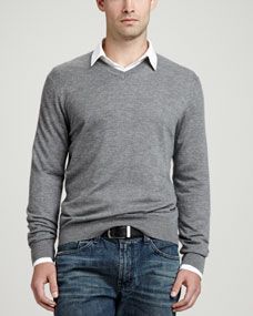 Superfine V Neck Pullover Sweater, Gray