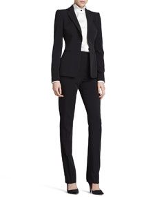 Giorgio Armani One Button Slip Pocket Jacket, Contrast Button Silk Tuxedo Blouse & Straight Leg Suiting Pants