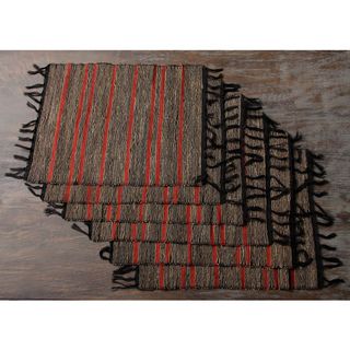 Set of Six Black Red stripes Vetiver Root Placemats (Indonesia) Kitchen Linens
