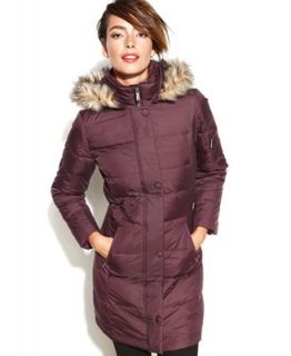 DKNY Hooded Faux Fur Trim Quilted Long Length Puffer Coat   Coats   Women