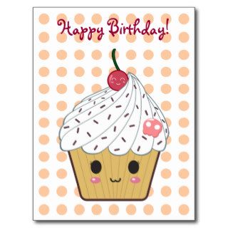 Kawaii Cupcake in Polka Dots "Happy Birthday" Postcard