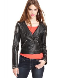GUESS Jacket, Long Sleeve Studded Faux Leather Motorcycle   Jackets & Blazers   Women