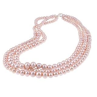 DaVonna Silver Pink Freshwaer Graduated Pearl 3 row Necklace (4 7 mm) DaVonna Pearl Necklaces
