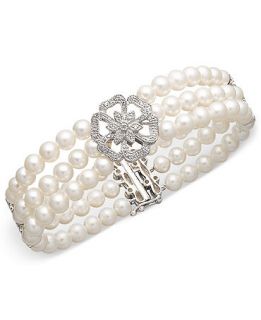 Pearl Bracelet, Sterling Silver Cultured Freshwater Pearl and Diamond Accent Flower Bracelet   Bracelets   Jewelry & Watches