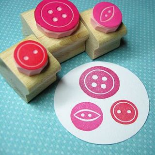 three mini buttons hand carved rubber stamps by skull and cross buns
