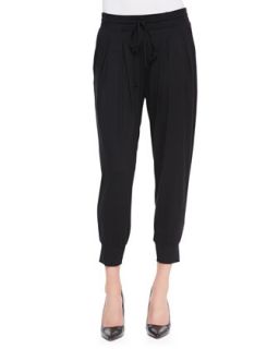 Womens Pleated Capri Pants with Pockets, Black   Three Dots