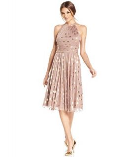 Jessica Howard Dress, Sleeveless Ruched Metallic Dot Print Halter   Dresses   Women