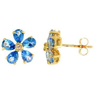 10k Gold Flower Stud Earrings, w/ Brilliant Cut Diamonds & Pear Cut Blue Topaz Stones, 3/8 in. (10mm) Jewelry