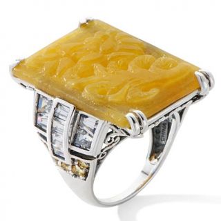 Jade of Yesteryear Carved Yellow Jade and CZ Sterling Silver Ring