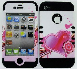 BUMPER CASE FOR IPHONE 4 SOFT BLACK SKIN HARD PINK HEART ON WHITE COVER Cell Phones & Accessories