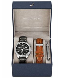 Nautica Watch Set, Mens Chronograph Interchangeable Black and Brown Leather Straps 44mm N17616G   Watches   Jewelry & Watches