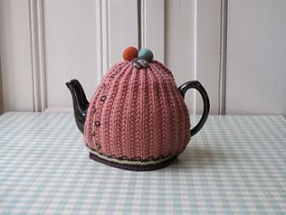 hand knitted tea cozy with embroidery   coral by tait and style
