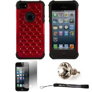 Red Elegant Diamond Back Cover with Additional Silicone Skin For Apple iPhone 5 iOS (6) Smart Phone + Silver Swarovski Crystal Headphone Jack Dust Plug + Apple iPhone 5 Screen Protector + an eBigValue TM Determination Hand Strap Cell Phones & Accessor