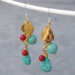 Gold Leaf and Silver Turquoise and Red Coral Drop Earrings (Thailand) Earrings