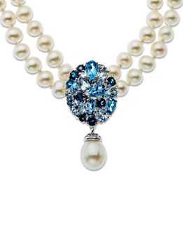 Sterling Silver Necklace, Cultured Freshwater Pearl and Blue Topaz Two Row Necklace (4 ct. t.w.)   Necklaces   Jewelry & Watches