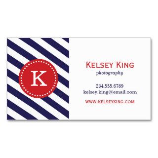 Navy Blue & Red Chevron Stripes Monogram Business Card Template