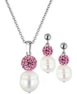 Fresh by Honora Pearl Jewelry Set, Sterling Silver Pink Cultured Freshwater Pearl and Crystal Necklace and Drop Earrings   Jewelry & Watches