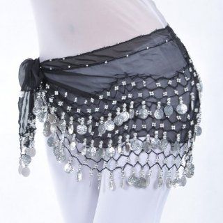 Black Chiffon 128silver coins belly dance Hip Scarf,best costume Clothing
