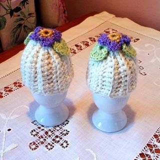 pair of handmade periwinkle egg cosies by cookie crochet