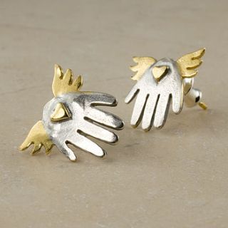 silver and gold plated winged hand studs by sophie harley london
