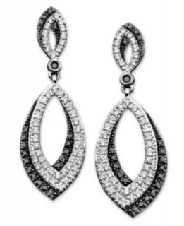 Sterling Silver Earrings, Black and White Diamond Drop Hoop Earrings (1/4 ct. t.w.)   Earrings   Jewelry & Watches