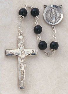 Rh152/31E/37E 8mm Black Black Onyx w/Patron Saint St. Medal & Crucifix Creed Jewelry