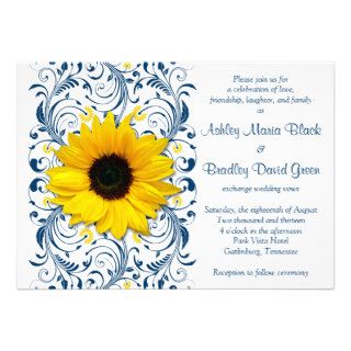 Sunflower Navy Blue Floral Wedding Invitation