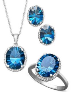 14k White Gold Necklace, Blue Topaz (3 ct. t.w.) and Diamond (1/10 ct. t.w.) Teardrop Pendant   Necklaces   Jewelry & Watches