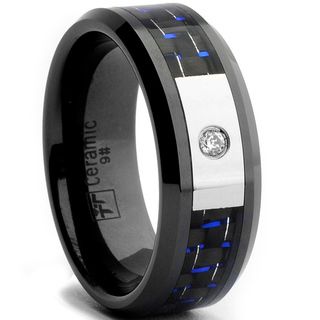 Oliveti Black Ceramic Men's CZ Black and Blue Carbon Fiber Inlay Ring (8 mm) Oliveti Men's Rings