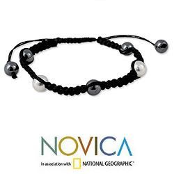 Sterling Silver 'Mumbai Night' Hematite Macrame Bracelet (India) Novica Bracelets