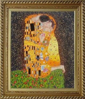 The Kiss, Gustav Klimt Replica Oil Painting, with White Wood Frame 30x26 Inch  