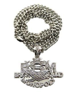 New Iced Out Silver BSM Brick squad Monopoly Pendant w/6mm 36" Cuban Link Chain Necklace XZP2R Jewelry