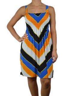 143Fashion Ladies Fashion Sleeveless Dress w/ Abstract Print, Royal Blue/Mustard, Medium