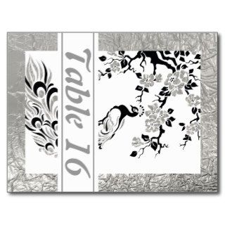 Black, silver foil peacock wedding table number postcards