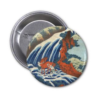 滝と馬, 北斎 Waterfall and Horse, Hokusai, Ukiyo e Pinback Buttons