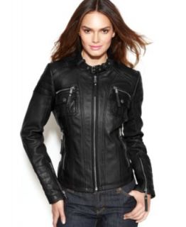 MICHAEL Michael Kors Petite Leather Knit Trim Motorcycle Jacket   Coats   Women