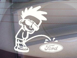 Little Guy peeing on Ford logo Car Window Vinyl Decal Sticker 5" Wide (Color White) 