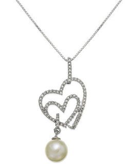 Sterling Silver Necklace, Cultured Freshwater Pearl (7mm) and Diamond (1/4 ct. t.w.) Heart Pendant   Necklaces   Jewelry & Watches