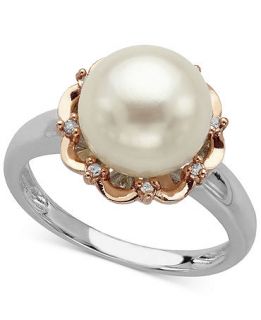 14k Rose Gold and Sterling Silver Ring, Cultured Freshwater Pearl (10mm) and Diamond Accent Flower Ring   Rings   Jewelry & Watches