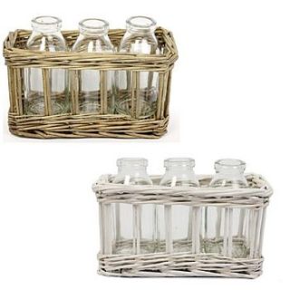 willow basket with milk bottle mini vases by sleepyheads