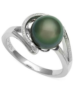 Cultured Tahitian Black Pearl (8mm) and Diamond Accent Circle Ring in Sterling Silver   Rings   Jewelry & Watches