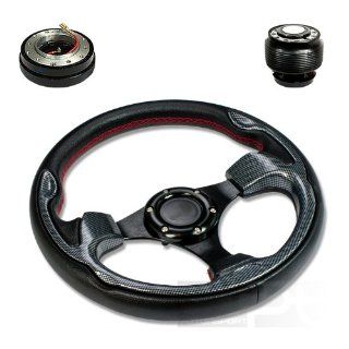 SW T330+HUB OH124+QL 2, 320mm 12.5" Black PVC Leather Red Stitch Carbon Style Trim Black Spoke 6 Hole Racing Aluminum Steering Wheel with OH124 Short Hub Adapter and 2" Slim Quick Release with Horn Button Automotive
