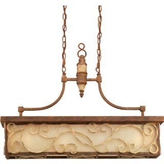 Progress Lighting P4471 122 Four Light Linear Chandelier with Vintage Parchment Glass and Iron Scroll Details, Aged Copper with Pietra accents    